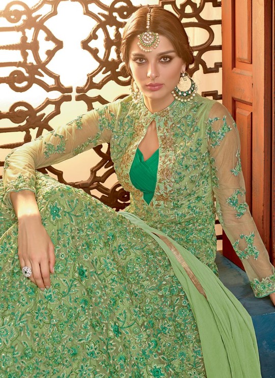 Bottle Green Resham Embroidered Net Anarkali Suit